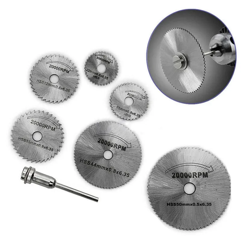 Realmote 6PCS HSS Mini Circular Saw Blade Set Rotary Cutting Tool Blades Discs Mandrel For Dremel Cut Off