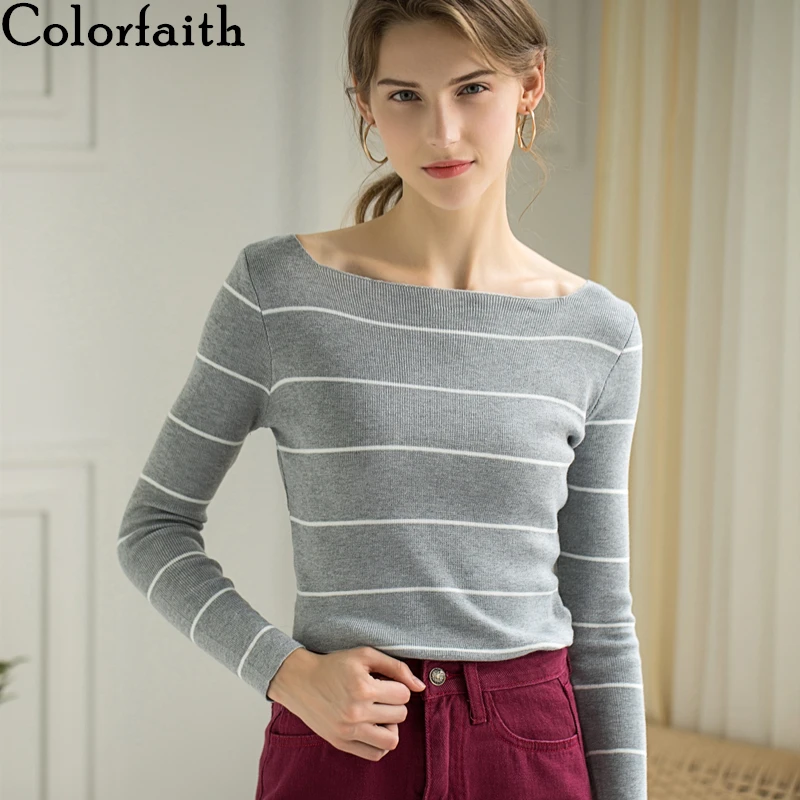 

Colorfaith New 2019 Autumn Winter Women's Sweaters Slash Neck Minimalist Striped Tops Korean Style Elegant Slim Casual SW200
