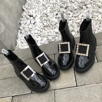 

Women 2020 INS Patent Leather Flat Boots Winter Warm Fur Crystal Buckle Elastic Sock Boots Waterproof Western Cowboy Boots Shoes