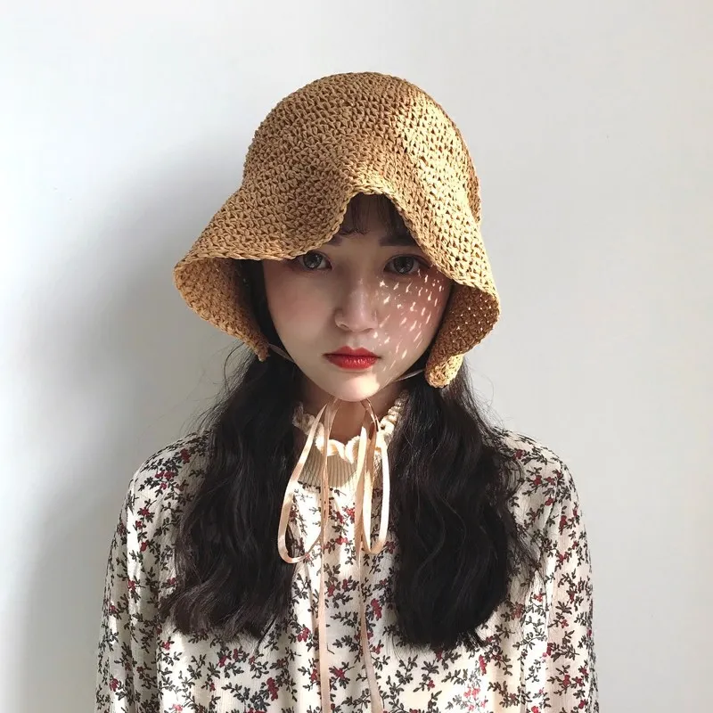 

Hat Female Summer Korean-style Literature And Art Retro Handmade Crochet Straw Hat Straw Bucket Hat Japanese-style Hipster Beach