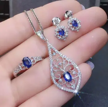 

Real Natural Sapphire jewelry set Natural Real Sapphire 925 sterling silver 1pc pendant,1pc ring,2pcs Earring