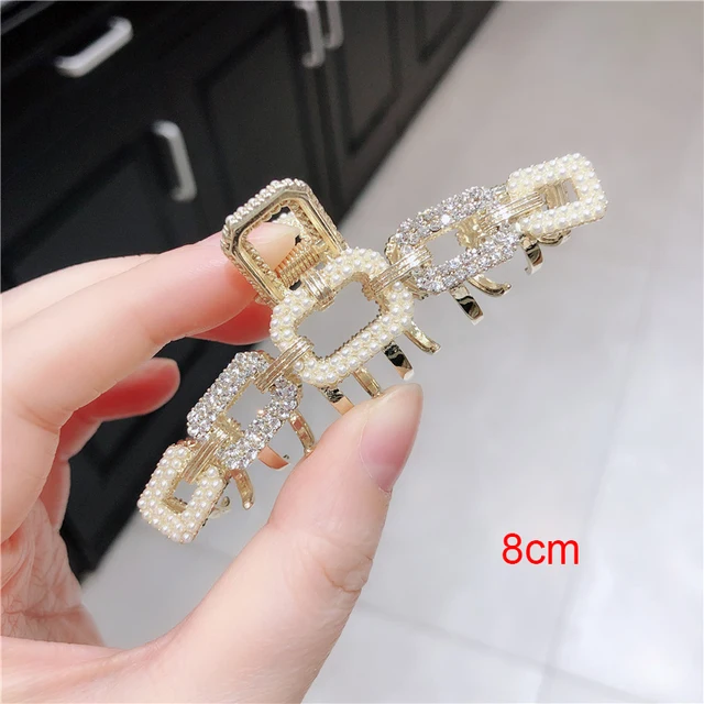 AWAYTR Rhinestone Metal Hair Claw Crab Clip For Women Girls Shiny Barrette Hairpin Crystal Pearl Hair Accessories Jewelry Gift 09b 8cm