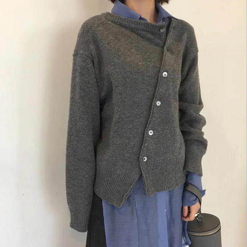 dark gray sweater RealShe кашемировый женский свитер, круглый вырез, длинный рукав, Однотонный свитер пуговицы, Женский пуловер, элегантный повседневный свободный свитер для девушек - Цвет: dark gray sweater