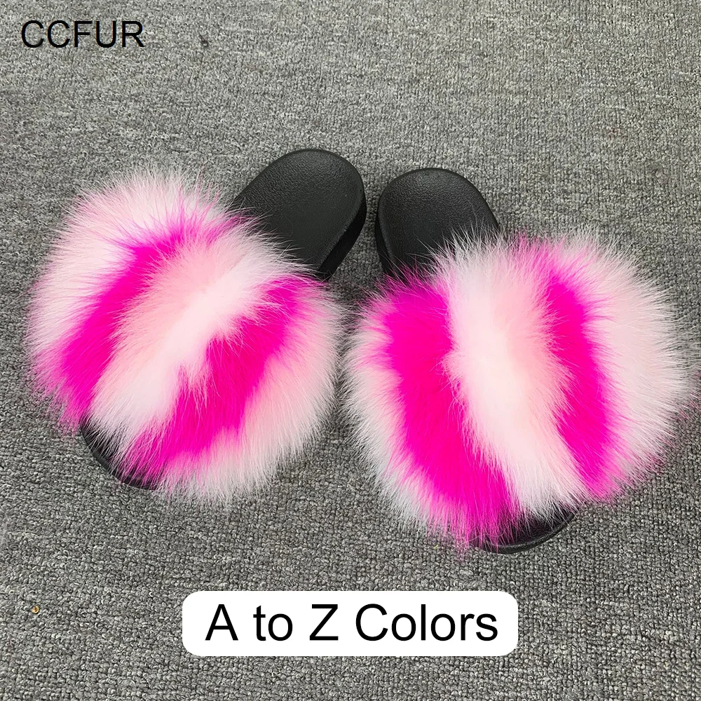 

A to Y New Multiple Colors Women's Real Fox Fur Slippers Fluffy Fur Sliders Mixed Color Fashion Lady S6050