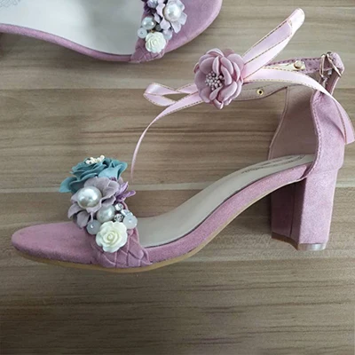 Pink 5cm Heel Летние женские сандалии с открытым носком, украшенные цветами женская обувь с бантом и лентой милые розовые, черные туфли-лодочки из флока с ремешком на щиколотке толстый высокий каблук 5 см - Цвет: Pink 5cm Heel