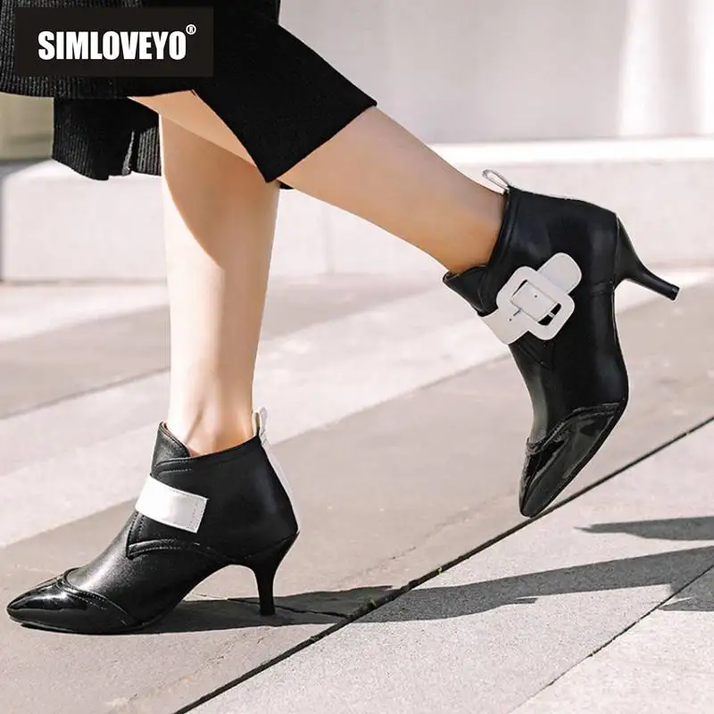 

SIMLOVEYO Ankle boots for women Pointed toe Kitten heel Buckle Cool Black White Szie 45 ladies footwear Booties mujer B1516