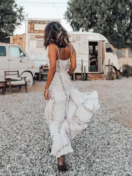 

Bohemian Women Dress 2020 Snakeskin Summer Boho Dress Ruffle Backless V Neck Long Sundress Boho Dress Elegant Strap Maxi Dress