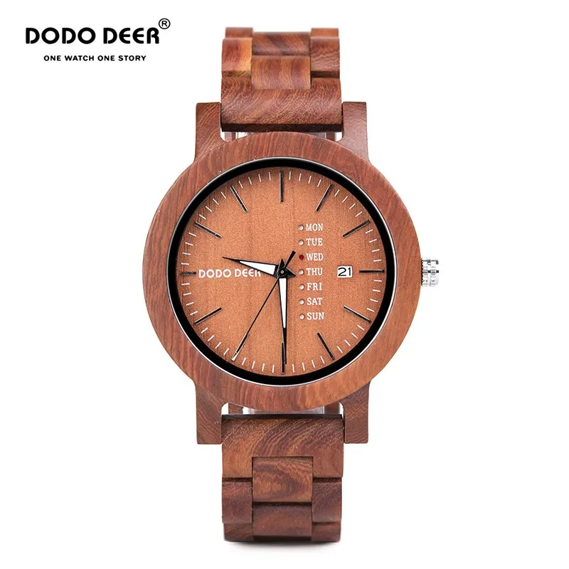

DODO DEER Customize Wooden Watches Men Week Display Red Sandalwood Quartz Calendar Watch with Luminous Hands Drop Shipping A29-3