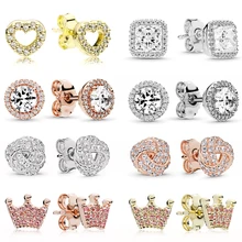 Классические серьги-гвоздики из розового золота высокого качества с роскошным кристаллом в форме сердца, розовая Корона, круглые элегантные серьги для женщин, девушек, пар, влюбленных