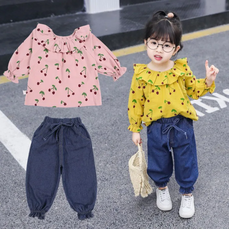 

Baby Girls Children 2020 Spring Clothing Cherry Jeans Suit 2 Childrenswear