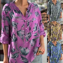 Large size loose cotton women blouses 2020 summer new printing women blouses tops casual long sleeve V-neck women shirts
