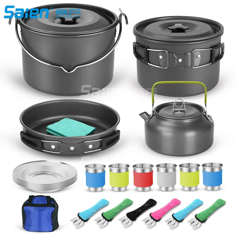 

39pcs Camping Cookware Mess Kit for 6 and more, Large Size Hanging Pot Pan Kettle with Base Dinner Cutlery Sets, Cups Dishes