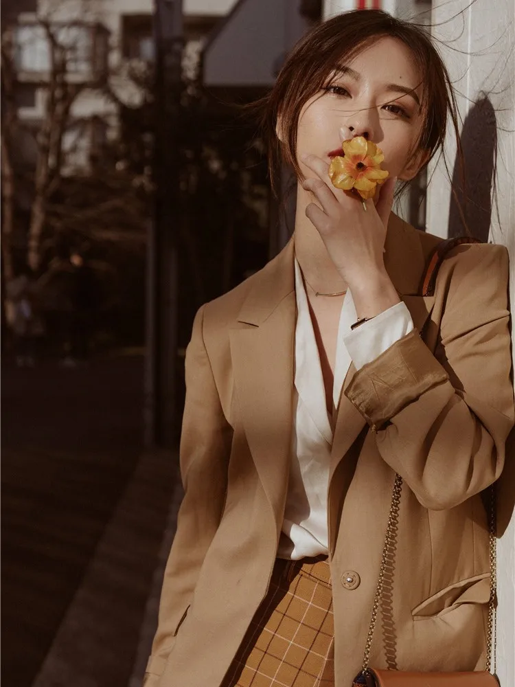 

Women Khaki Blazer Casual Simple Solid Color Jacket Autumn Winter Loose Office Lady Outwear