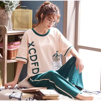 

Korean Cotton Cartoon Print 2 Piece Women Pajamas Set Short Sleeve Long Pants Sleepwear Female Summer Sweet Lady Home Clothes