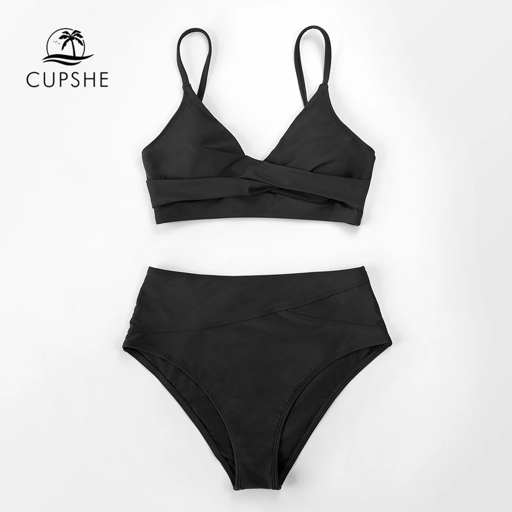 CUPSHE Solid Black Twist High Waist Bikini Sets Swimsuit For Women Sexy V-neck Tank Two Pieces Swimwear 2022 Beach Bathing Suit 4