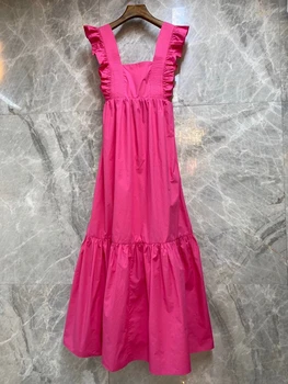 

Women Dress 2020 Spring and Autumn New Pure Color Square Collar Back Knotted Dress