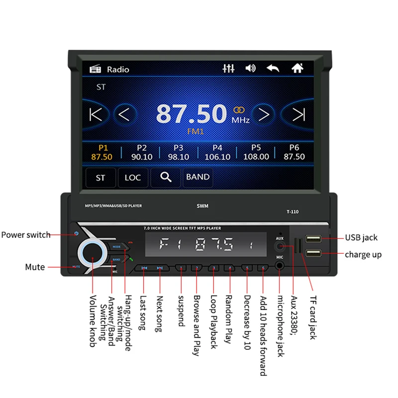 7 Inch 1 DIN Contact Screen Car MP5 Player Bluetooth Stereo Retractable Radios Camera Support for Multi-Languages