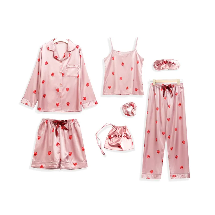 

Spring Summer New Style Imitated Silk Fabric Strawberry Seven Sets Pajamas Women Long Sleeve Camisole Shorts Homewear Set 7