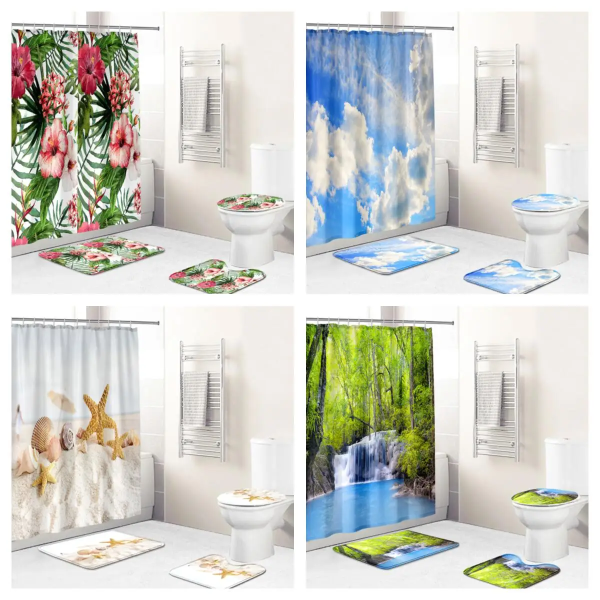 3D Natural Scenery Beach Starfish Waterproof Fabric Bathroom Curtain Shower Cover Non Slip Carpet Toilet Bath Mat | Дом и сад