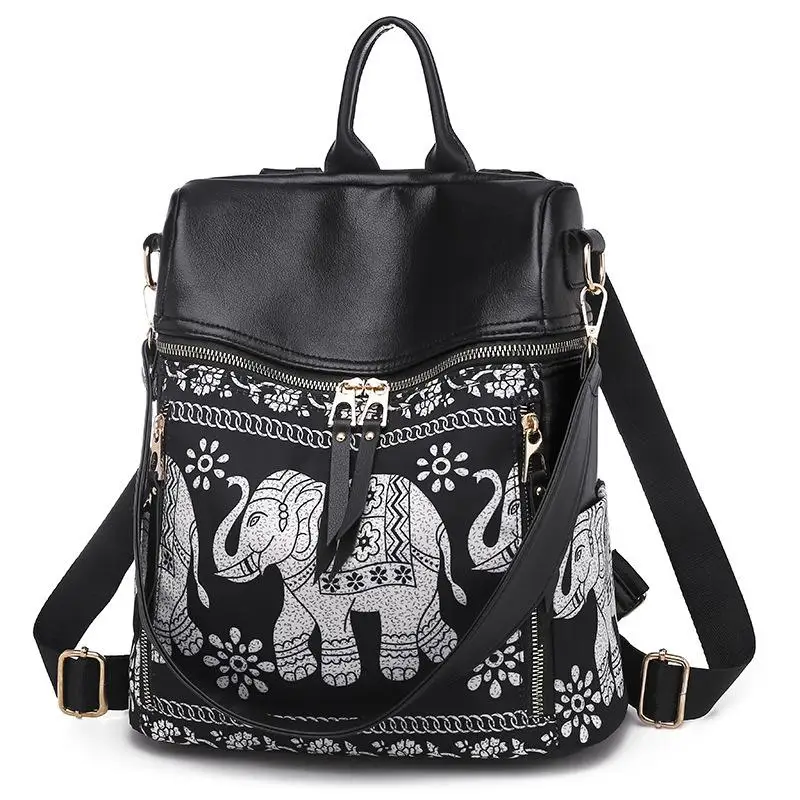 Backpack Women Fashion New High Quality Leather Shoulder Bag Women Elephant Designer oxford fabric women's backpack - Цвет: Black PU