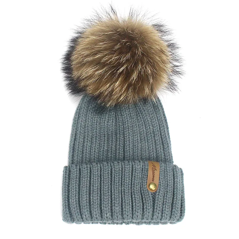 Parent-child Real Fur Pompon Skullies Beanie Hat Winter Knitted Warm Thick Beanies For Women And Child Solid Crochet Slouch Caps