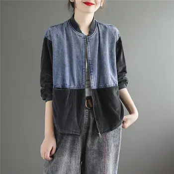 

Retro Autumn Corduroy Short Coat Female Loose and Thin Fashion Hit Color Denim Stitching Top Jacket Casual Mujer Chaqueta