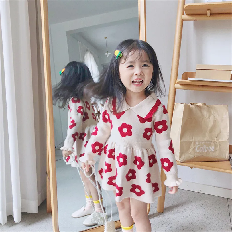 Kids Dresses For Girl Autumn Knitted Baby Dress Woolen Flower Princess Baby Girls Dress Long Sleeve Toddler Girl Winter Dress