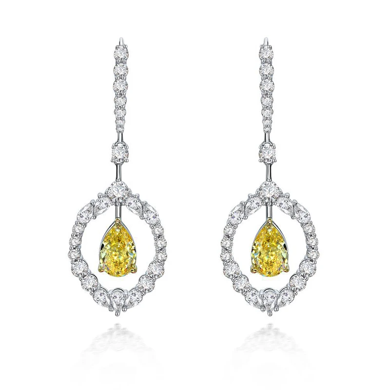 OEVAS 100% 925 Sterling Silver 8*12mm Water Drop Yellow High Carbon Diamond Drop Earrings For Women Sparking Party Fine Jewelry