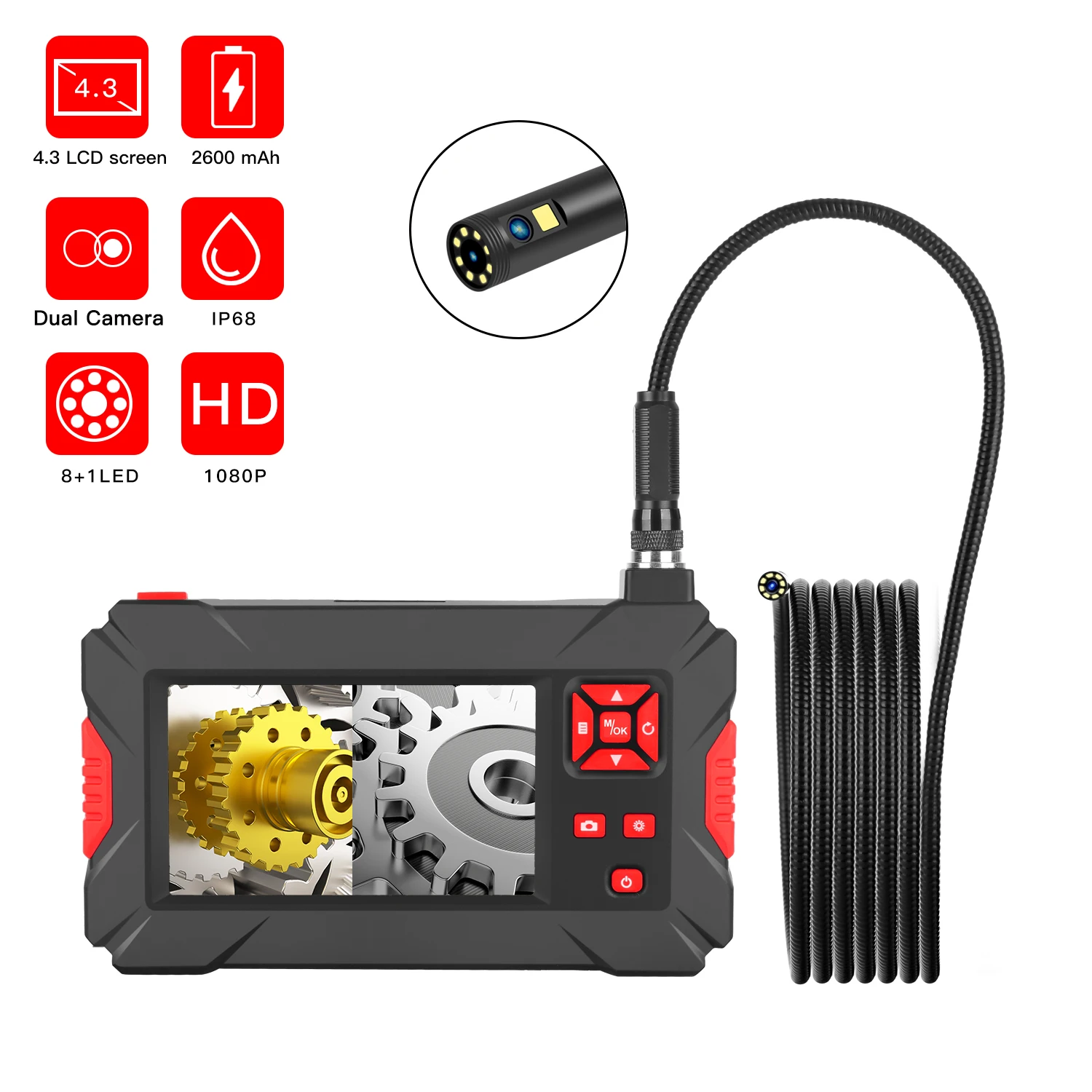 

P30 plus New model Dual lens camera 1M 3M 5M Snake Tube Rigid Cable camera 8+1 adjustable LEDS 2600mA lithium battery