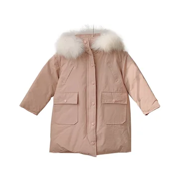 

2020 New Winter Children's Down Jackets Mid-Length Boys And Girls Thickened Large Fur Collar Coats Plain Casual Parker Outerwear