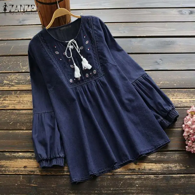 

Bohemian Embroidery Shirts Women's Denim Blue Blouse 2020 ZANZEA Casual Tassel Puff Sleeve Blusas Female Floral Tops Plus Size