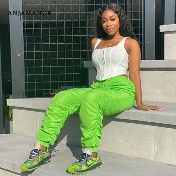 

ANJAMANOR Ruched Stacked Sweatpants Women Casual Clothes Streetwear Pleated High Waist Joggers 2020 Summer Trousers D30-AB94