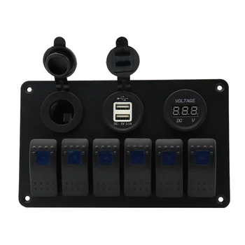 

12V 6 Gang Rocker Switch Control Panel Circuit Breaker For Car Boat Blue Led