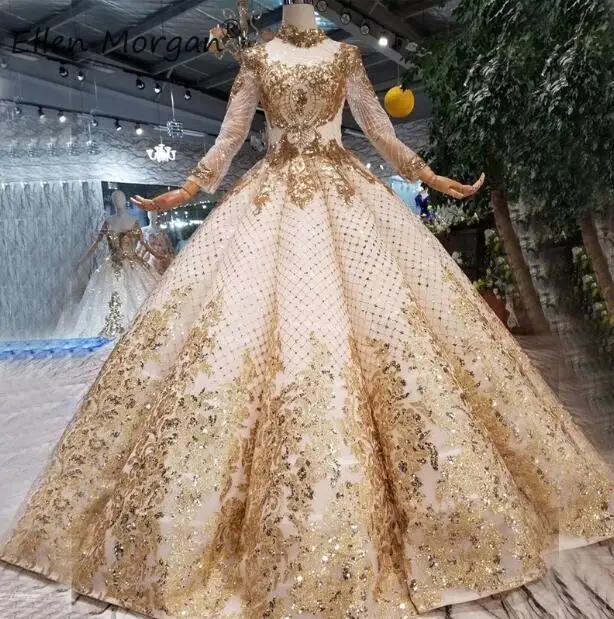 Африканское арабское роскошное Золотое свадебное платье с высоким воротом, с длинными рукавами, с блестками, длиной до пола, торжественное бальное платье невесты, Vestido De Novia - Цвет: Color as picture