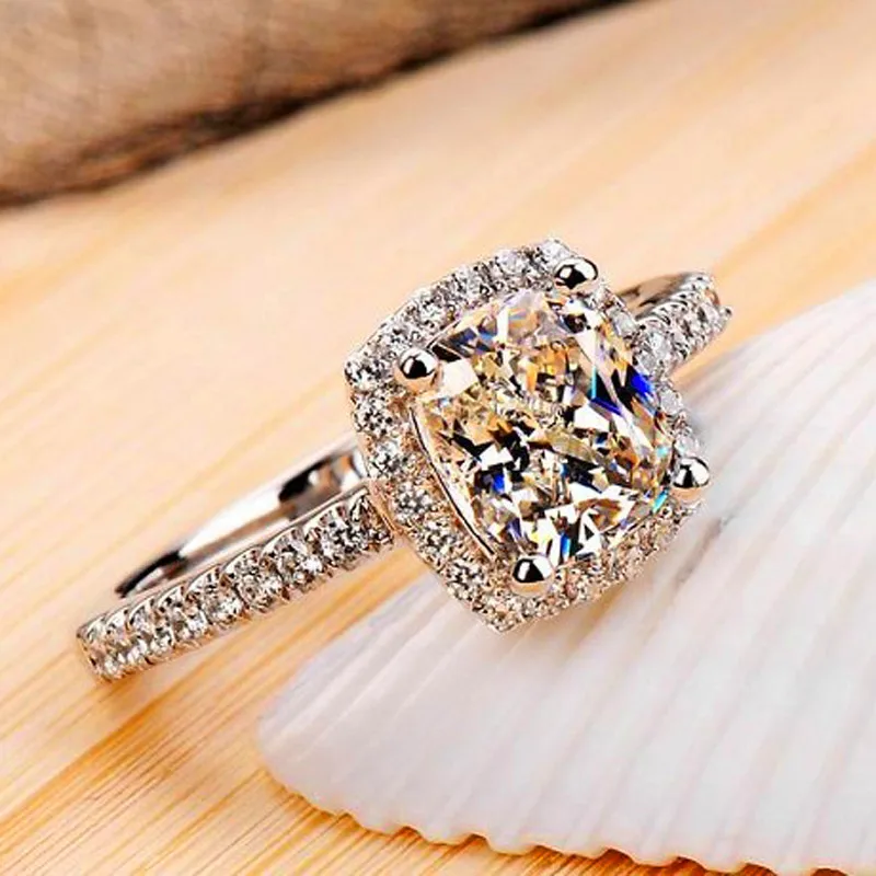 Female Crystal Zircon Stone Ring Silver Color White Pink Yellow Ring Promise Love Engagement Rings for Women