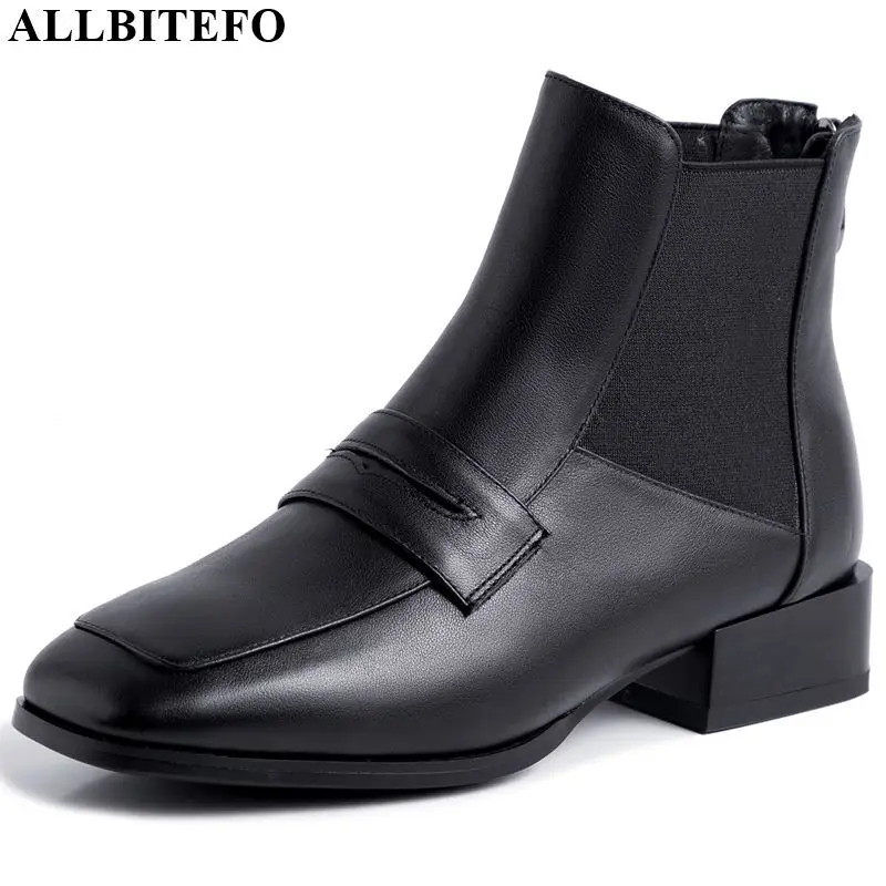 

ALLBITEFO real genuine leather women boots Square toe ankle boots comfortable low-heeled martin boots winter snow women shoes