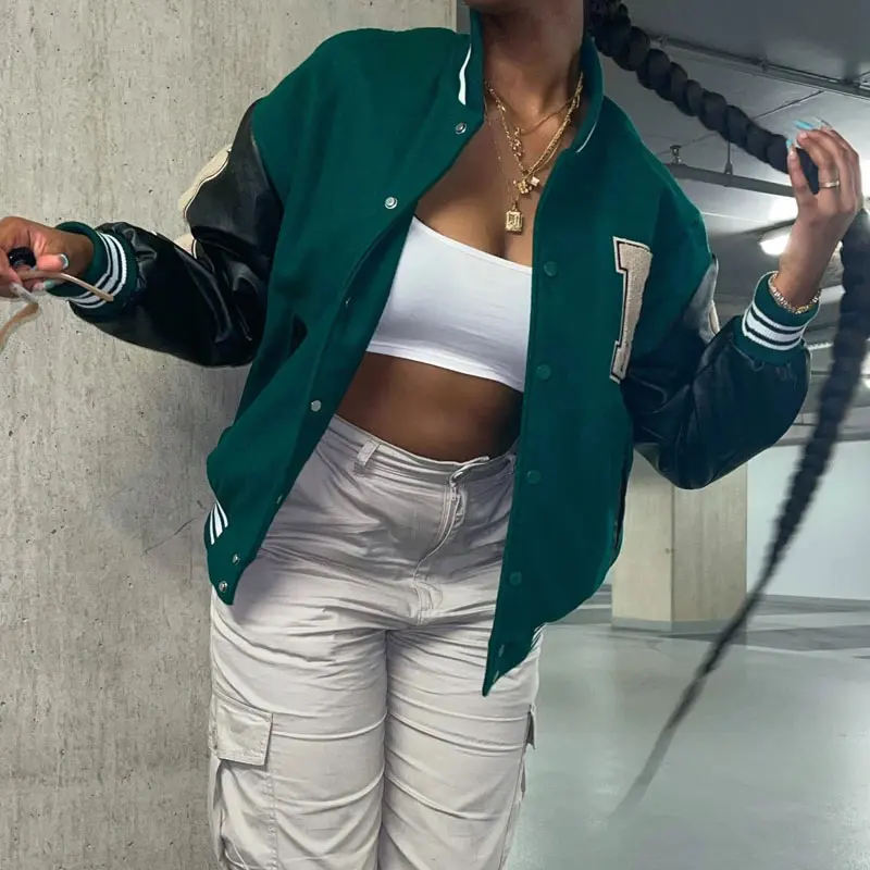 Unisex PU Leather Patchwork Baseball Jacket O-Neck Letter Embroidery Tops Casual Hip Hop Streetwear 2021 Autumn Male Female Coat | Женская