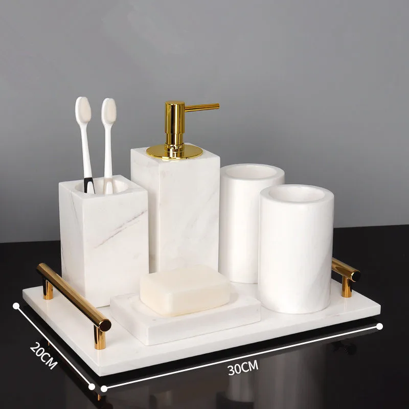 Bathroom Accessories Marble Soap Dispensers/Dish Toothbrush Holder Gargle Cups Tray Wedding Gifts Gold Head White By Piece