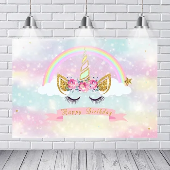 

Unicorn flower rainbow photography background baby birthday party HD polyester vinyl photo backdrop