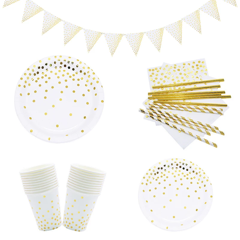 Party Disposable Tableware Set Gold Paper Cup Plate Straws Napkin Number Balloons Kids Birthday Supplies Golden Party Decoration