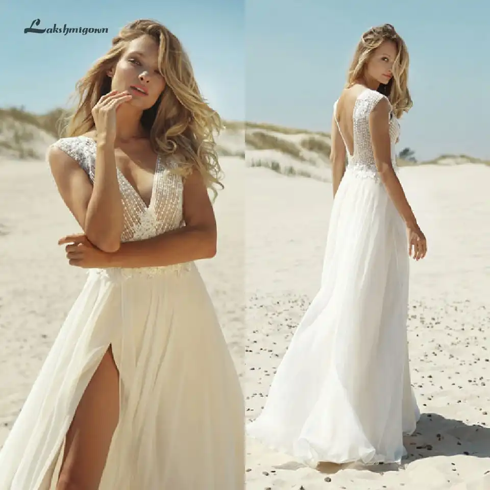 Akshmigown Alto Lado Sexy Playa Vestidos De Novia 2020 Nuevo Adorno De Cuentas Para Boda Vestidos Largos De Boda De Gasa Cuello En V Profundo Espalda Aliexpress