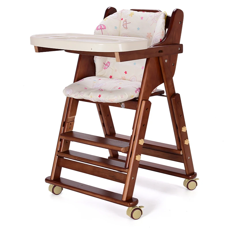 Foldable Baby Feed Table With Adjustable Seat Height, Pine Kids Highchair Have Plate, No Need To Assemble
