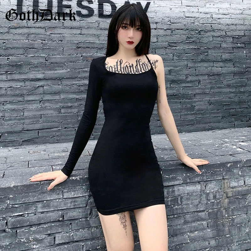 

Goth Dark Fashion Asymmetrical One Shoulder Long Sleeve Gothic Dresses Black Bodycon Sexy Women Mini Dress Autumn Streetwear