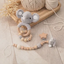 Attache tétine en bois pour bébé, 2 pièces/ensemble, jouets, poussette en Silicone, perle, chaîne, hochet à mâcher, anneau de dentition 