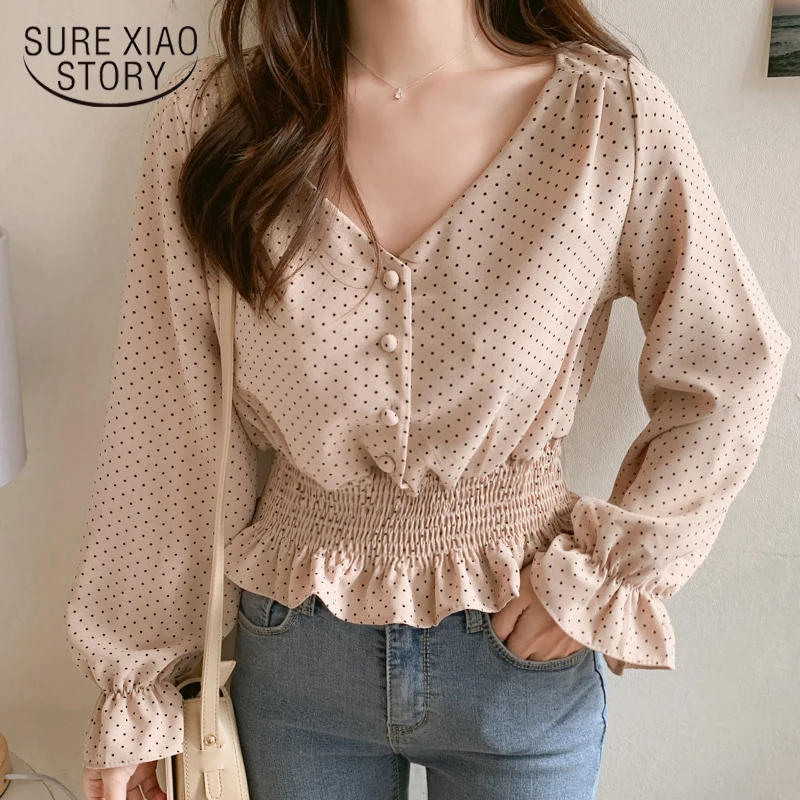  Vintage V-neck Flare Sleeve Polka Dot Women Blouse Shirts Elegant Front Buttons Slim Waist Ruffles 