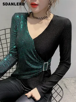 

Plus Size 2020 Spring New Fashion V-neck Long-Sleeve T-shirt Women's Belt Waist Elegant Slim-Fit Shirt Irregular Top Ladies T