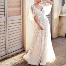 Robe longue en dentelle brodée pour femmes, élégante, col en v, robe de soirée, manches pétales, robe de mariage, Slim, Simple 