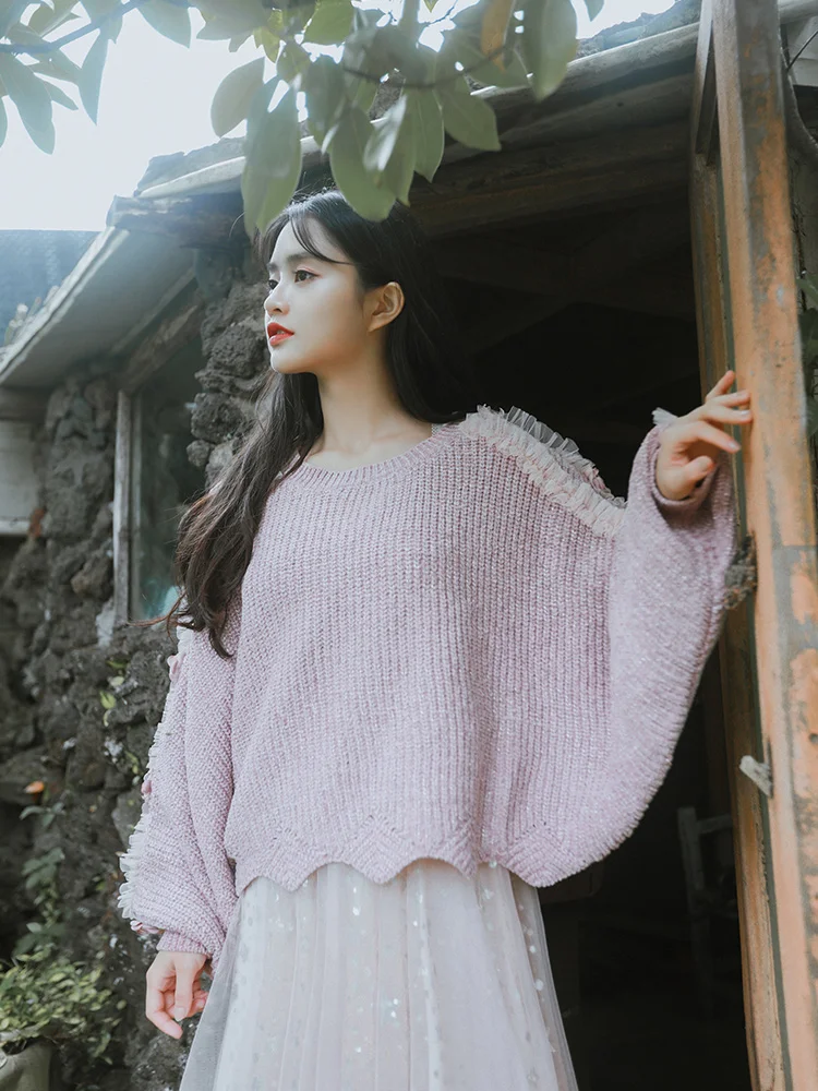 Pull femme nouveaute Женский Осенний свободный стиль негабаритный сладкий рукав «летучая мышь» Повседневный Свободный пуловер короткий розовый вязаный свитер