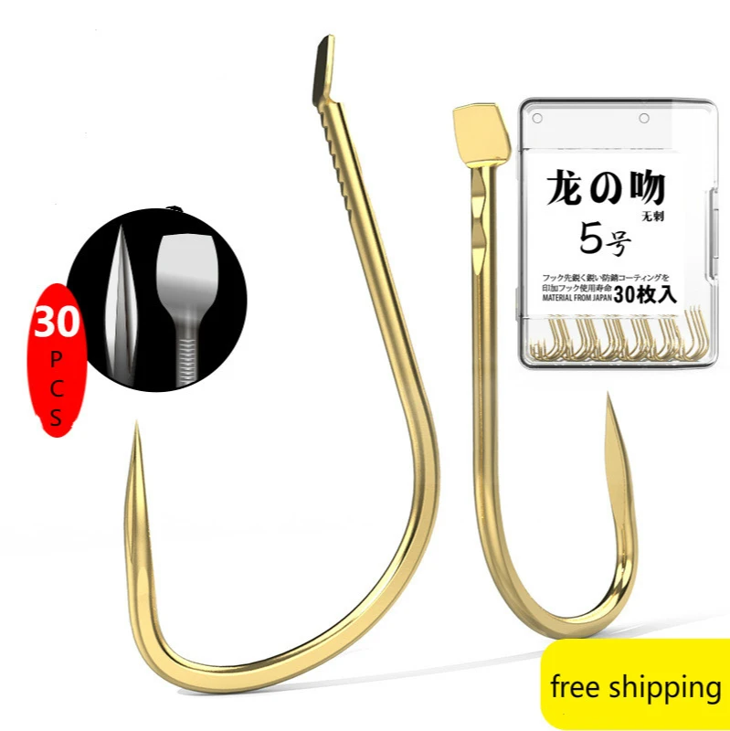 30pcs/box 1#-10# gold fishing hooks saltwater japan Barbed carp Fishing  High Carbon Steel Holder Fishing In Fly Worm Set Pesca - AliExpress