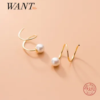 WANTME Genuine 925 Sterling Silver Fashion Korean Geometric Rotating Pearl Small Earrings for Women Cute Romantic Party Jewelry